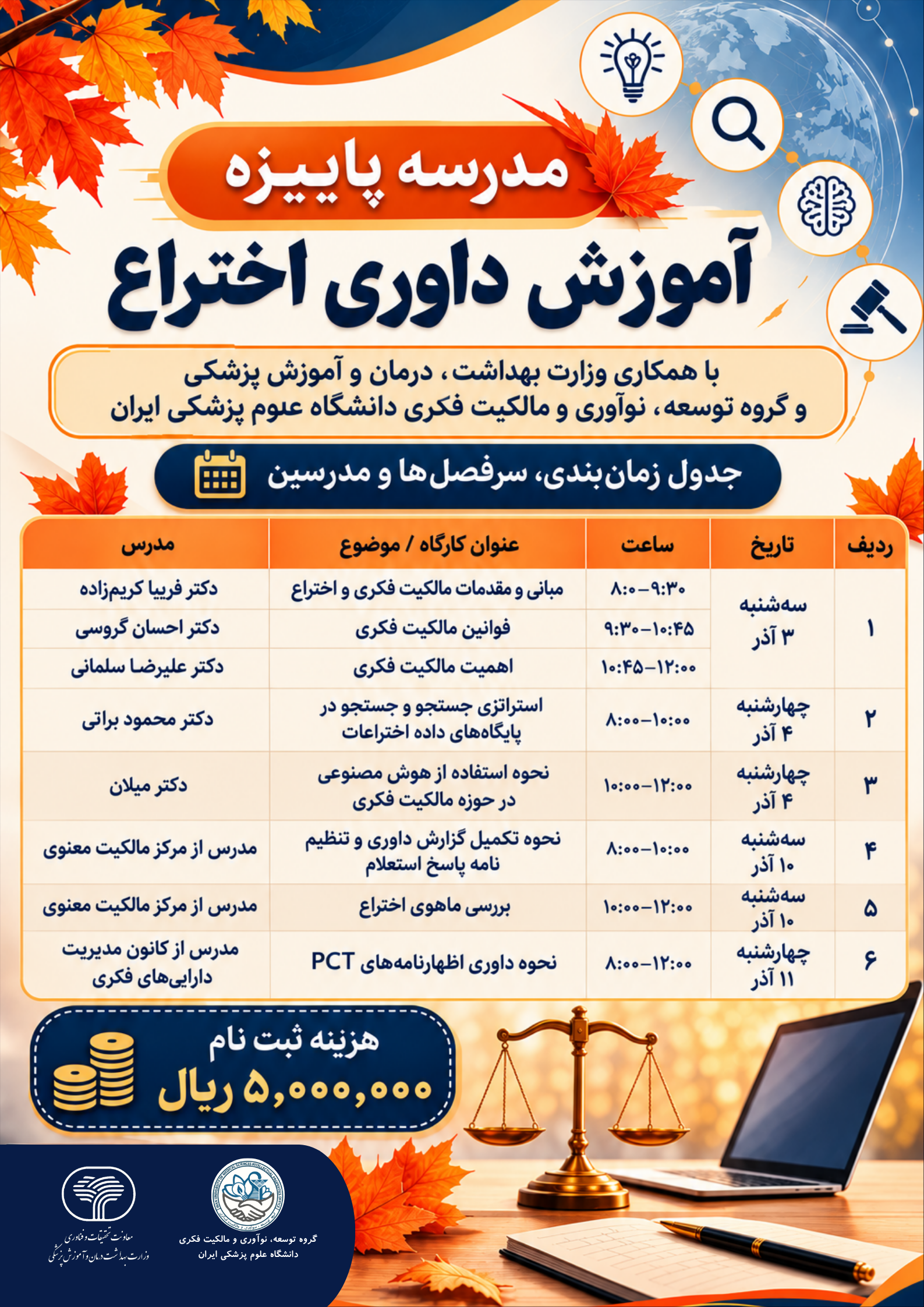 برگزاری مدرسه پاییزه آموزش داوری اختراع در دانشگاه علوم پزشکی ایران
